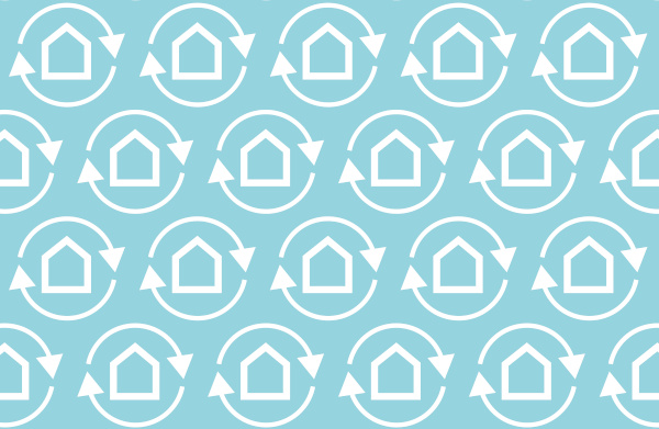 Muster aus Häuser-Icons mit kreisförmigen Pfeilen um jedes Haus