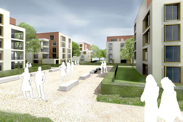 Räumliche Darstellung von 5 geschossigen Punkthäusern mit grüner Vorzone und Fußgängerbereich