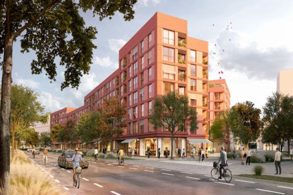 Freiladestraße/Neulindenstraße, Urheberin: AllesWirdGut Architekur ZT GmbH Luftbild mit dem vorhanden Wohngebiet und der geplanten Bebauung als Visualisierung