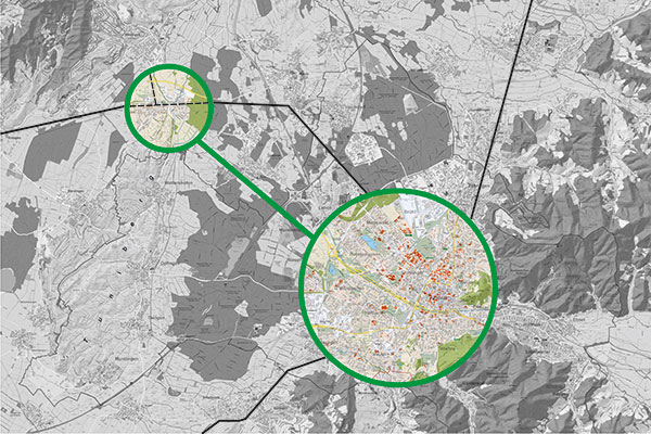 Regionale Zusammenarbeit, © Stadt Freiburg Karte mit Markierungen um Freiburg und Gottenheim
