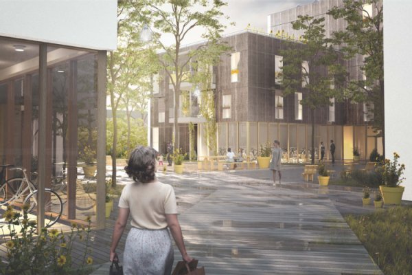 Gebäude mit Weg Wiese und Bäumen