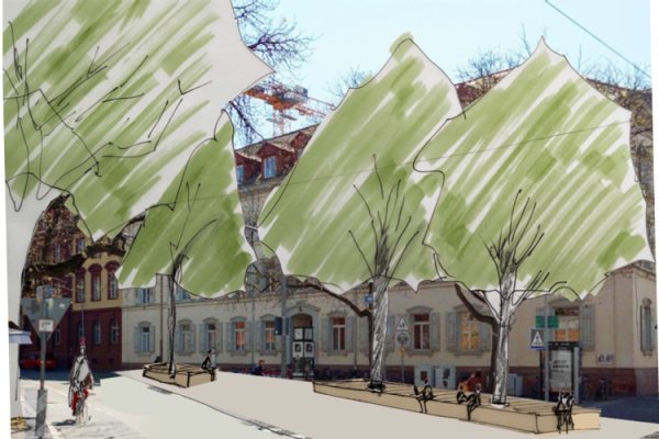 Stadtoasen: Bauminseln mit Aufenthaltsqualität in der Innenstadt, Skizze: Barbara de Haen Straßenraum mit historischen Häusern, Straße und eingezeichneten Bäumen mit Sitzmöglichkeiten