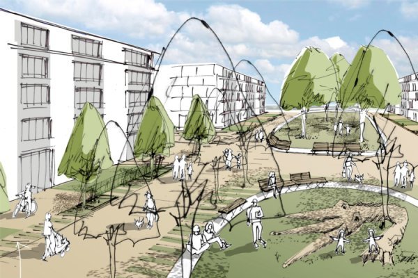 Stadtgestaltung im neuen Stadtteil Dietenbach, Großer Trichterplatz, Skizze: Barbara deHaen Zeichnung einer Parksituation mit Wiese, Bäumen, Wegen und Menschen und Wohnhäusern am Rand