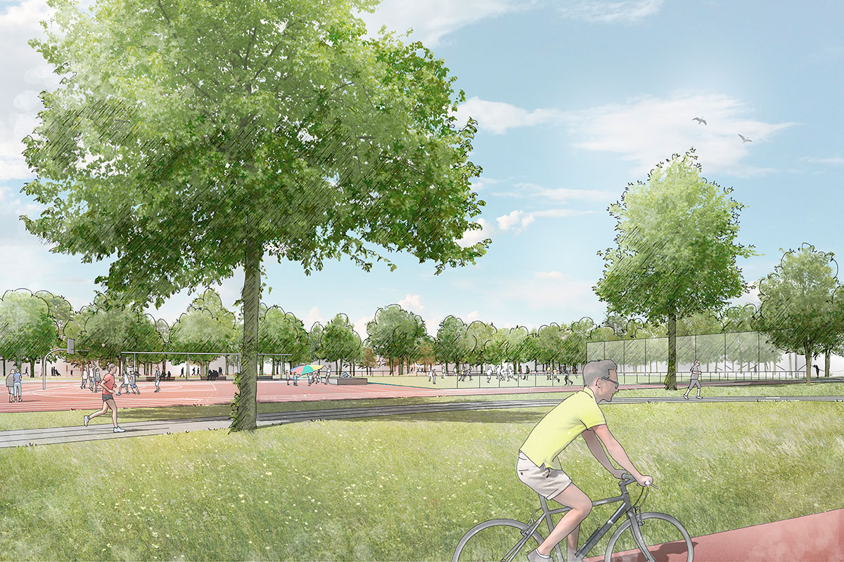 Im Kernbereich bietet der Sportcampus klassische Sportflächen für Schul- und Vereinssportarten wie Fußball, Basketball und Leichtathletik.