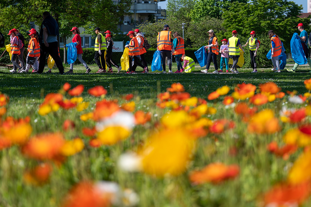 Menschengruppe mit Warnwesten beim Müllsammeln in einem Park