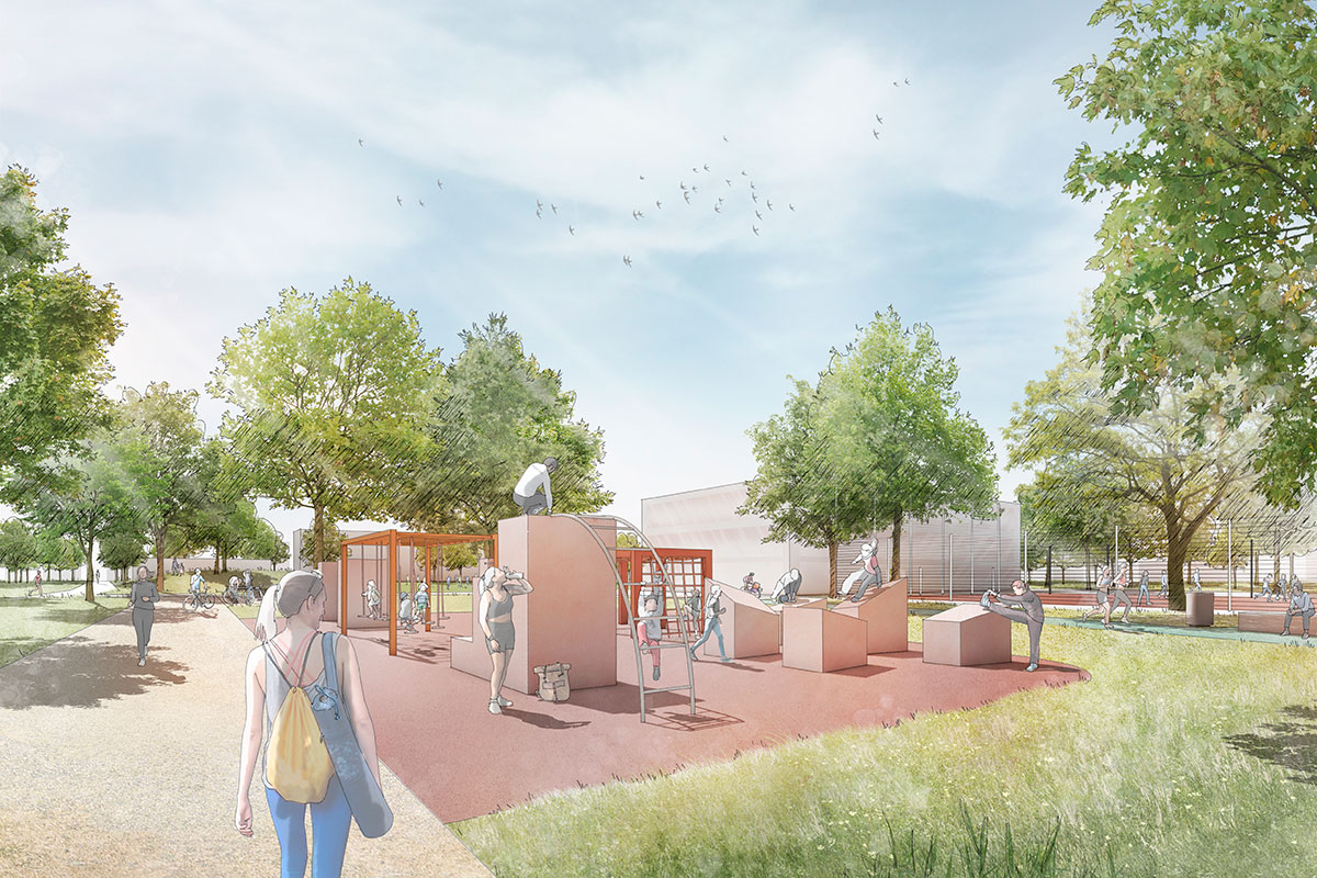 Der Sportcampus sieht auch viel Raum für unterschiedliche Trendsportarten und vielfältige öffentliche Bewegungsangebote: im Vordergrund die Promenade und der geplante Ninja Parcours, im Hintergrund erkennt man die 400-Meter-Rundlaufbahn, das neue Vereinsgebäude und das Multifunktionssfeld.