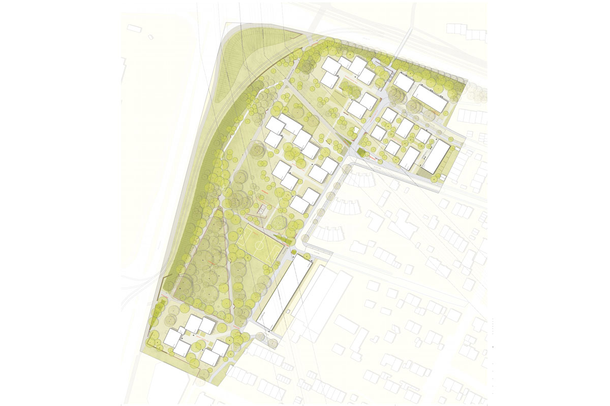 Freiflächengestaltungsplan Lageplan mit Grünflächen und Gebäuden