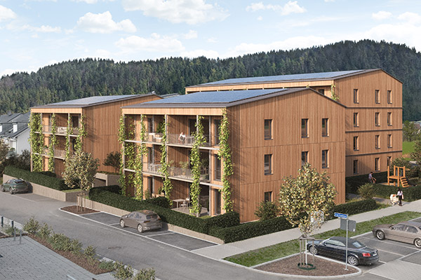 Hornbühl-Ost, Visualisierung: Link3D Zwei spurige Straße, dahinter Wohngebäude mit Bäumen und Wiese