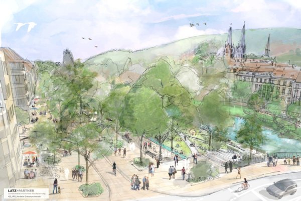 Oberfläche Stadttunnelprojekt Freiraumplanerische Studie: Latz+Partner Zeichnung einer Stadtsituation von oben mit Häusern, Straße, mit Fußgängern, Autos und Fluß und Berge im Hintergrund