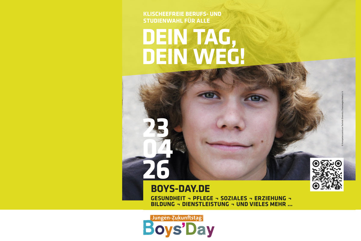 Plakat des BoysDays 2026; grinsender Junge
