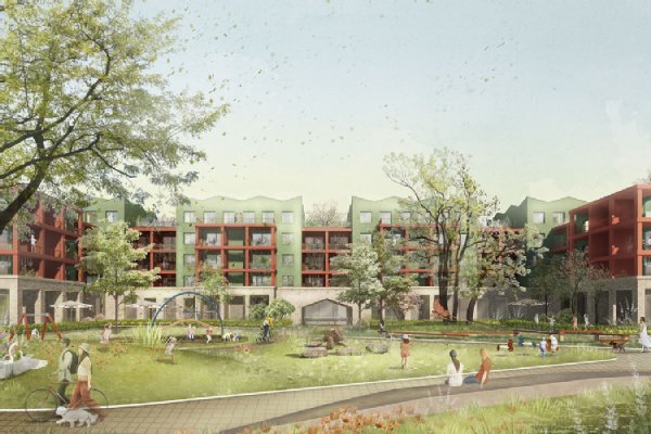 Neulindenpark, (Visualisierung: Dena Khan / Stefan Forster GmbH) Stadtteil mit Wohnbebauung, Weg und grünen Bereichen als Visulalisierung