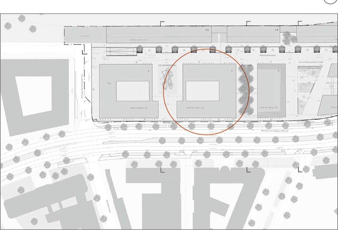 Lageplan der Zwillingsgebäude mit angedeuteter Freiraumgestaltung.