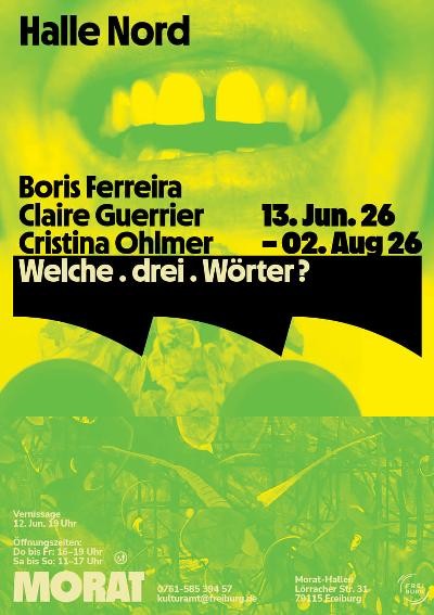 Plakat zur Ausstellung Welche . drei . Wörter ? mit der CI der Städtischen Galerie, Drei Bögen die den drei Hallendächern entsprechen.