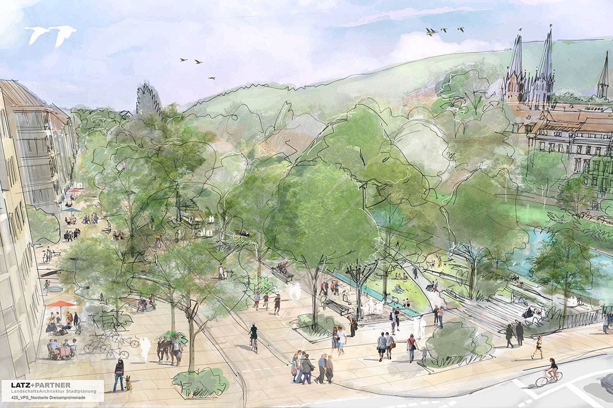 Perspektive Promenade an der Schreiberstraße auf der Nordseite (Quelle: Latz + Partner) Perspektive Promenade an der Schreiberstraße auf der Nordseite (Quelle: Latz + Partner)
