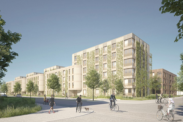 Visualisierung eines neuen Straßenzugs mit mehrgeschossigen Wohnblocks