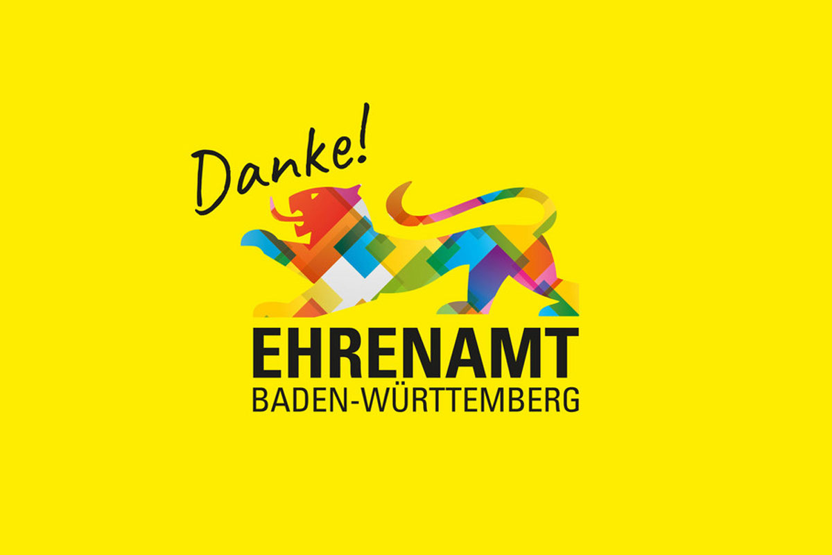 Gelbe Grafik mit der Aufschrift "Danke! Ehrenamt Baden-Württemberg"