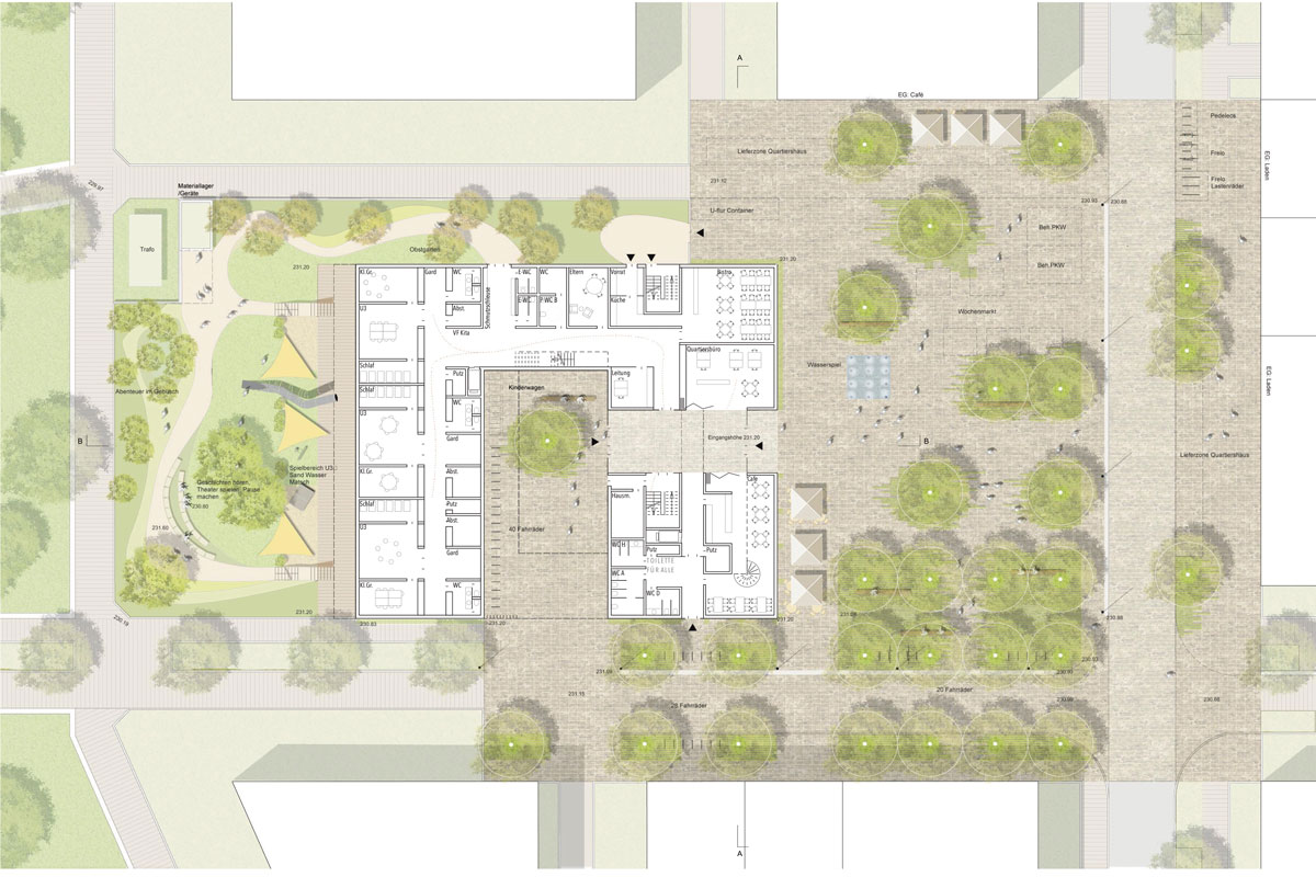 Planzskizze des Quartiersplatzes in Vogelperspektive