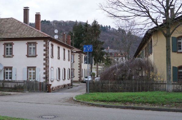 Knopfhäusle-Siedlung 2019 (Foto S. King) Farbfoto einer Straßenflucht mit zweigeschossigen Reihenhäusern 2019