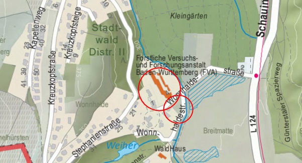 Karte die eine Übersicht über das Gelände der FVA gibt
