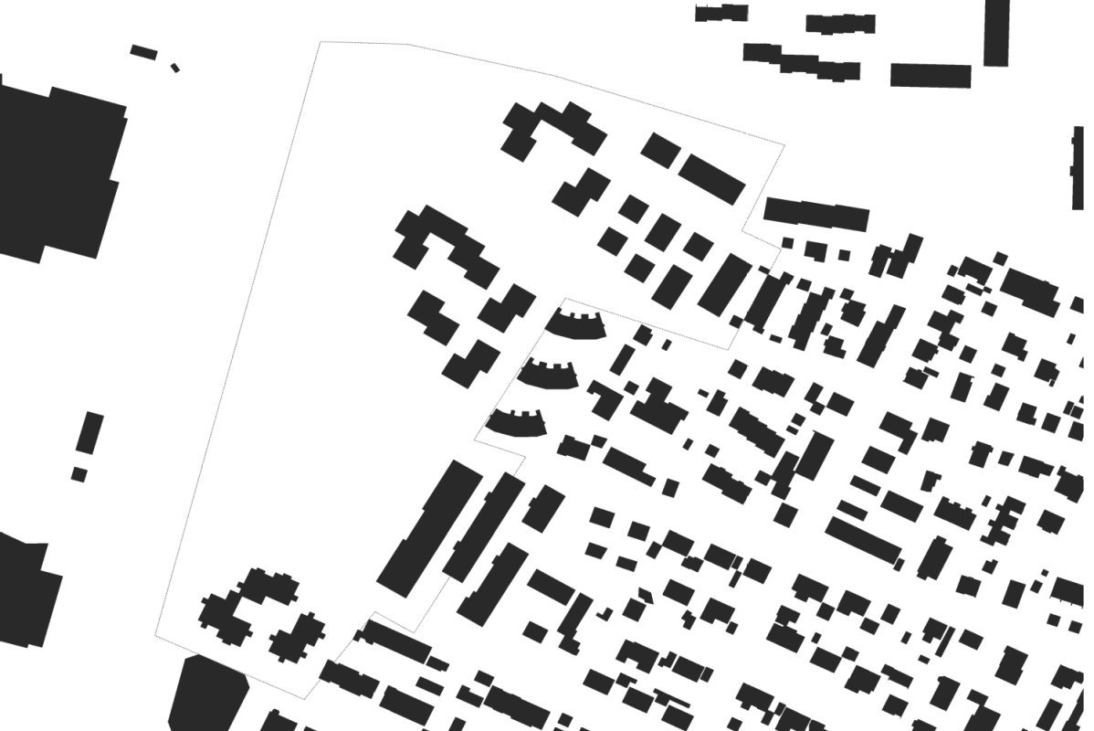 Strukturplan, Gebäude als schwarze Bereiche Dargestellt. Planungsgebiet ist eingezeichnet