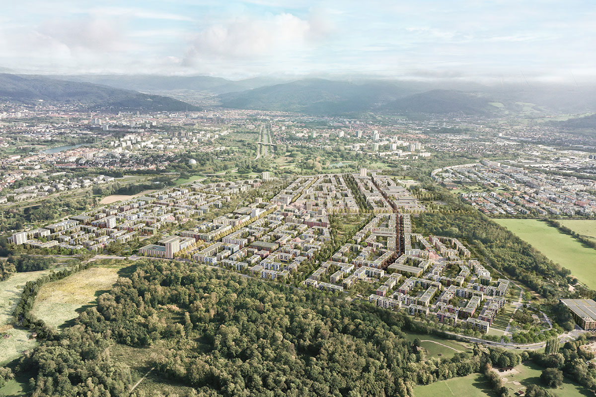 Visualisierung des Stadtteils aus Vogelperspektive mit Blick Richtung Osten