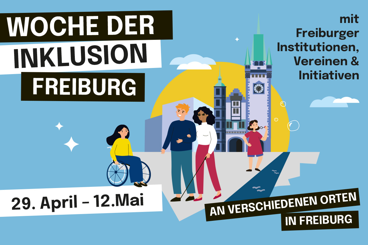 Grafische Darstellung zur Woche der Inklusion vom 29. April bis zum 12. Mai - Person im Rollstuhl, Person mit Taststock und Person, die Seifenblasen macht vor dem Martinstor