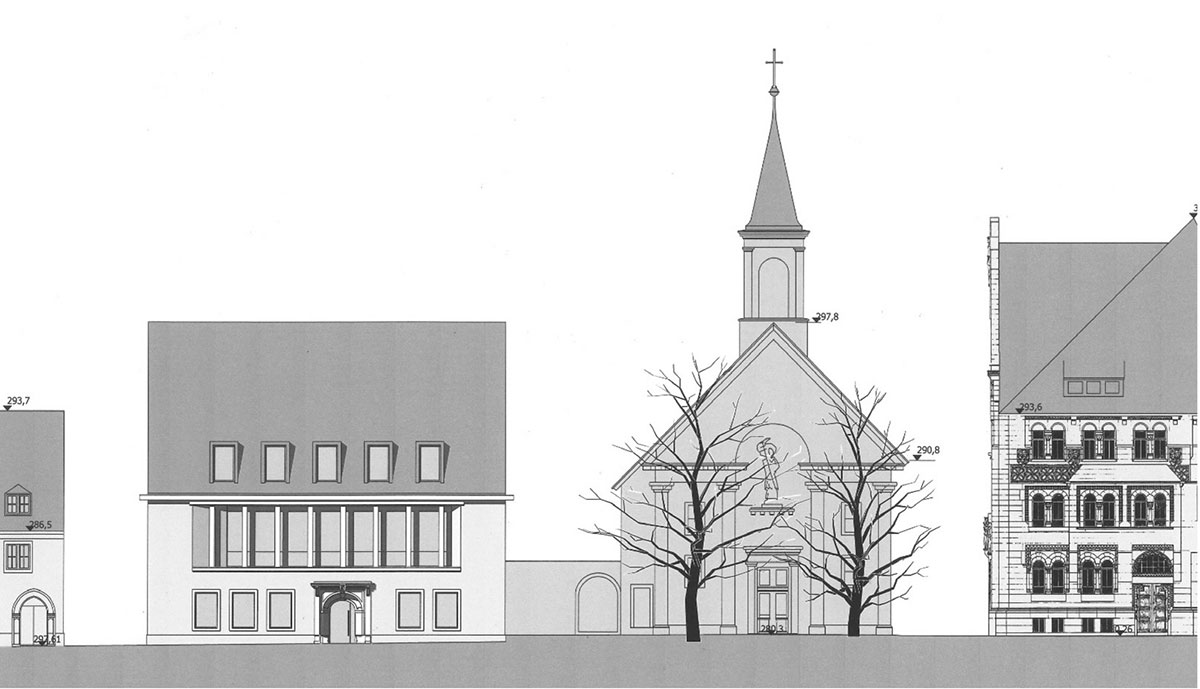 Westansicht des Andlauhauses samt Konviktskirche und Nachbarbebauung.