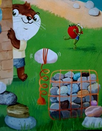 Buchauszug: Otterjunge Konstantin schaut hinter einer Hauswand hervor auf einen angesammelten Steinturm.