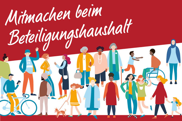 Plakat zum Beteiligungshaushalt, diversefarbig gezeichnete Menschen. Text: "Wir machen mit"