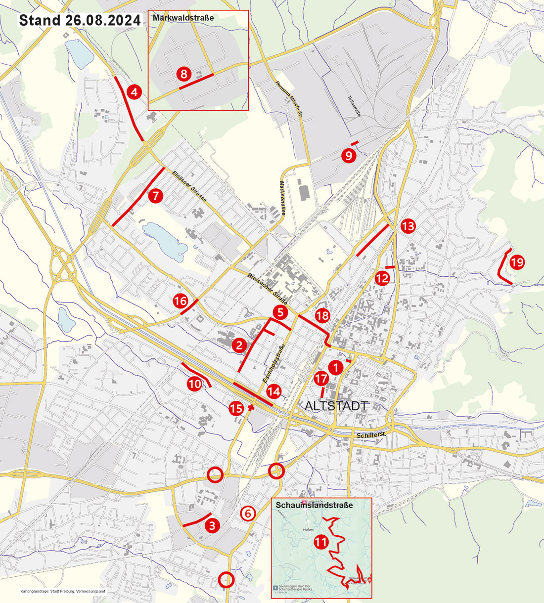 Karte mit eingezeichneten Baustellen in Freiburg