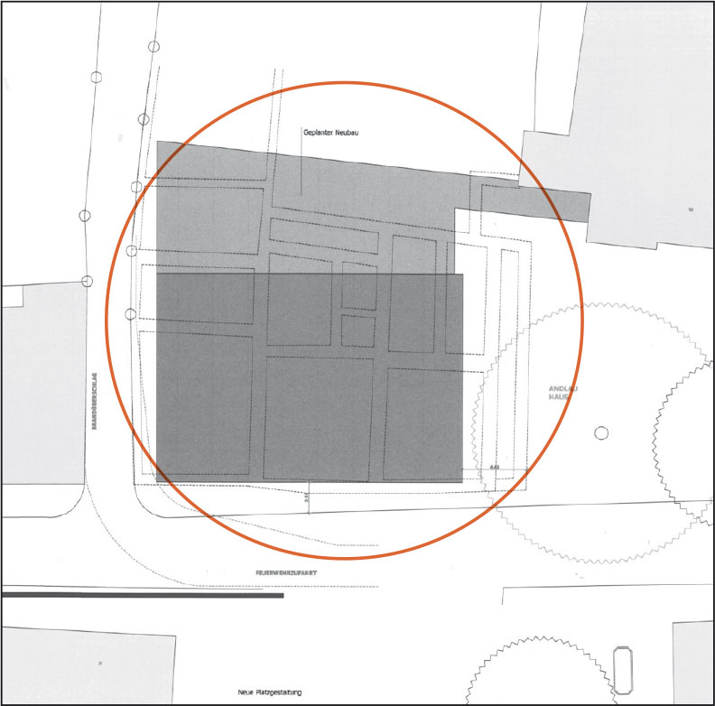 Lageplan des Neubaus; deutlich markiert: die beiden Kastanienbäume im Konviktskirchhof
