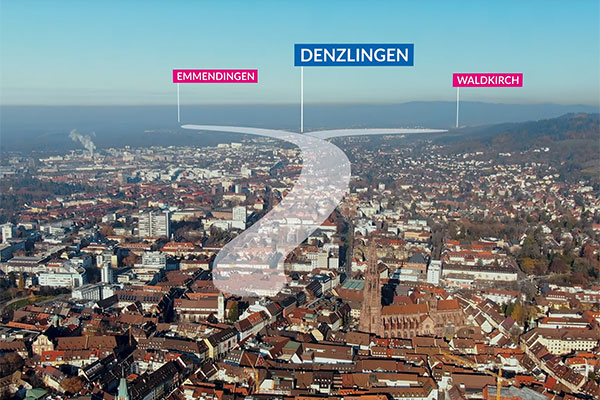 Visualisierung des Schnellradwegs auf einem Schrägluftbild