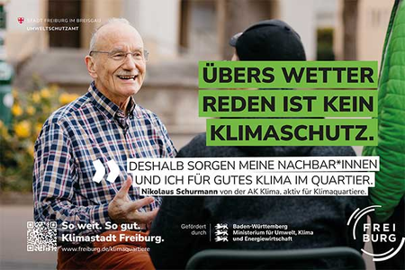 Zwei Männer im Gespräch mit dem Claim: Übers Wetter reden ist kein Klimaschutz. Deshalb sorgen meine Nachbar*innen und ich für gutes Klima im Quartier.