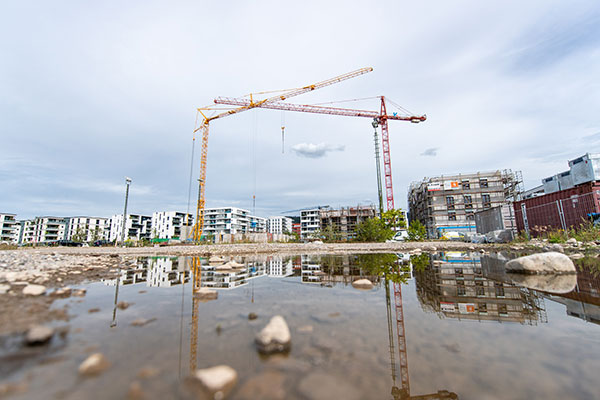 Kräne spiegeln sich in einer Pfütze