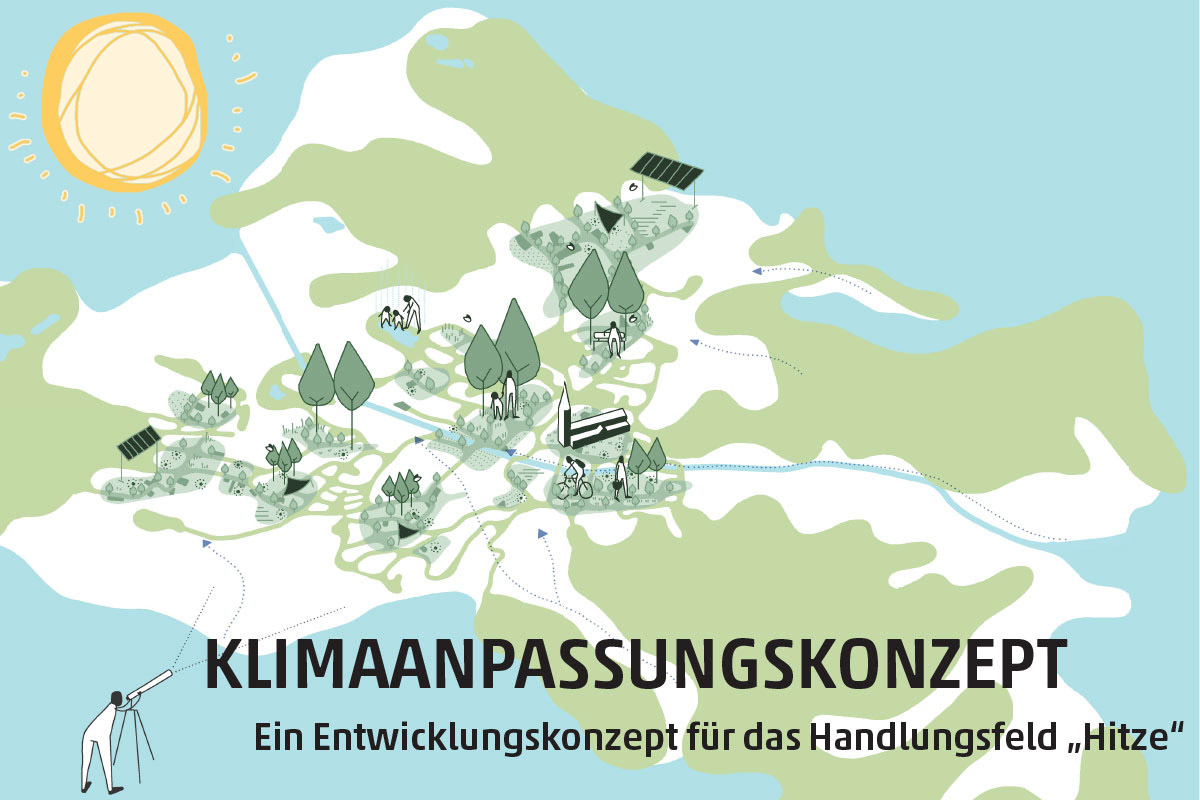 Cover des Klimaanpassungskonzepts mit stilisierter Themendarstellung auf der Stadtkarte