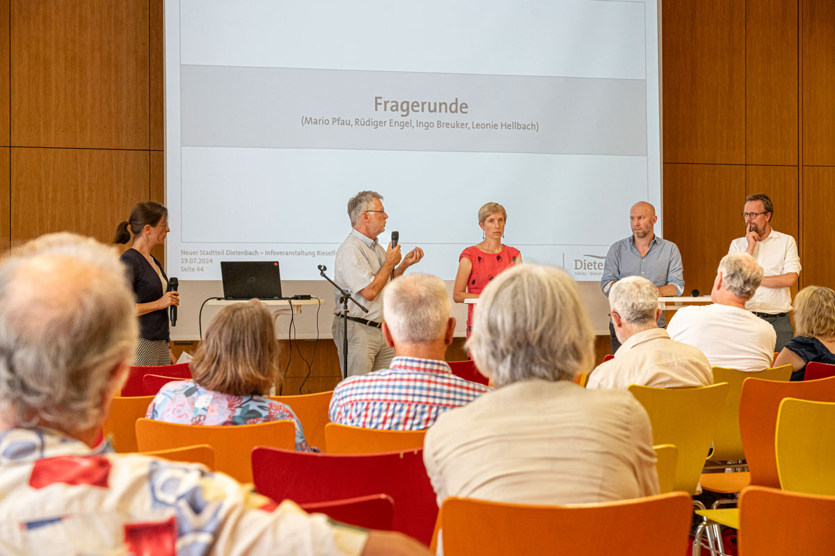 Interessierte und Moderator*innen bei einer Fragerunde zu Dietenbach