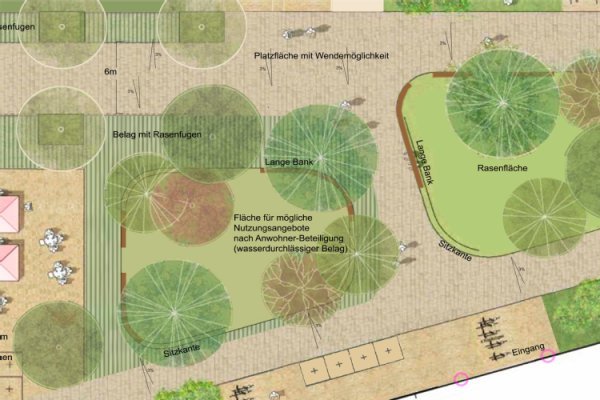 Farbige Planzeichnung einer Platzgestaltung mit Bereichen für Rasen, Bäume und Straßen