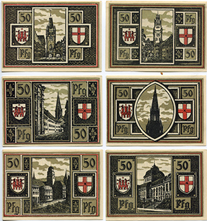 B-Seiten der von der Firma Trans-Oceanic in Verbindung mit der Druckerei Poppen & Ortmann, Freiburg hergestellten sechs Seriennotgeldscheine mit Freiburg-Motiven (September 1921) 